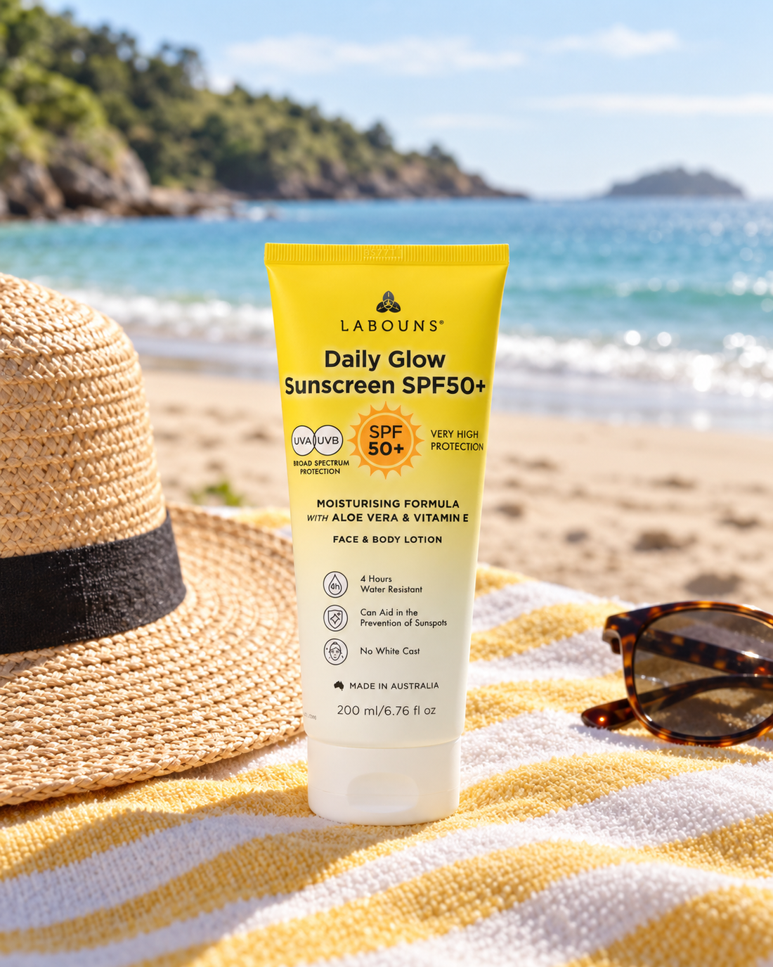 Labouns Daily Glow SPF50+ moisturising sunscreen on a beach towel beside a straw hat and sunglasses, with the ocean in the background.