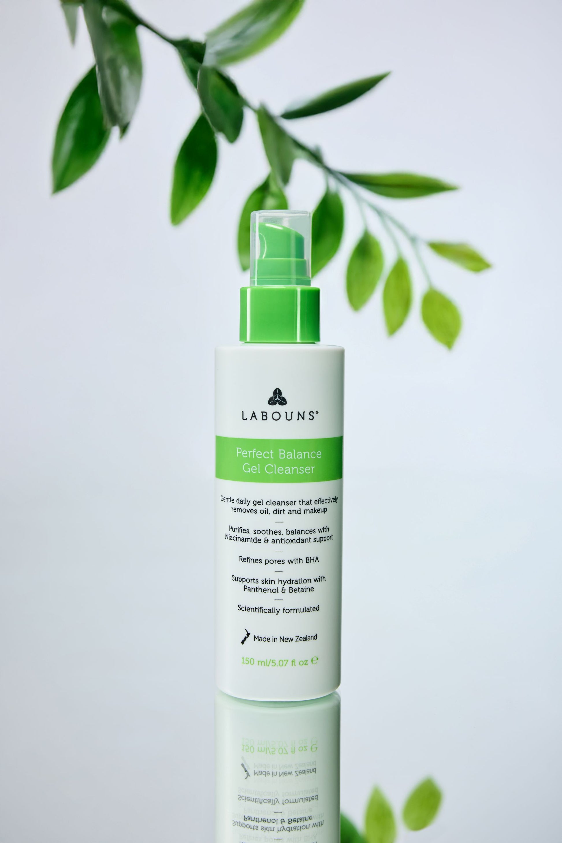 Labouns Perfect Balance Gel Cleanser bottle with green leaves in the background