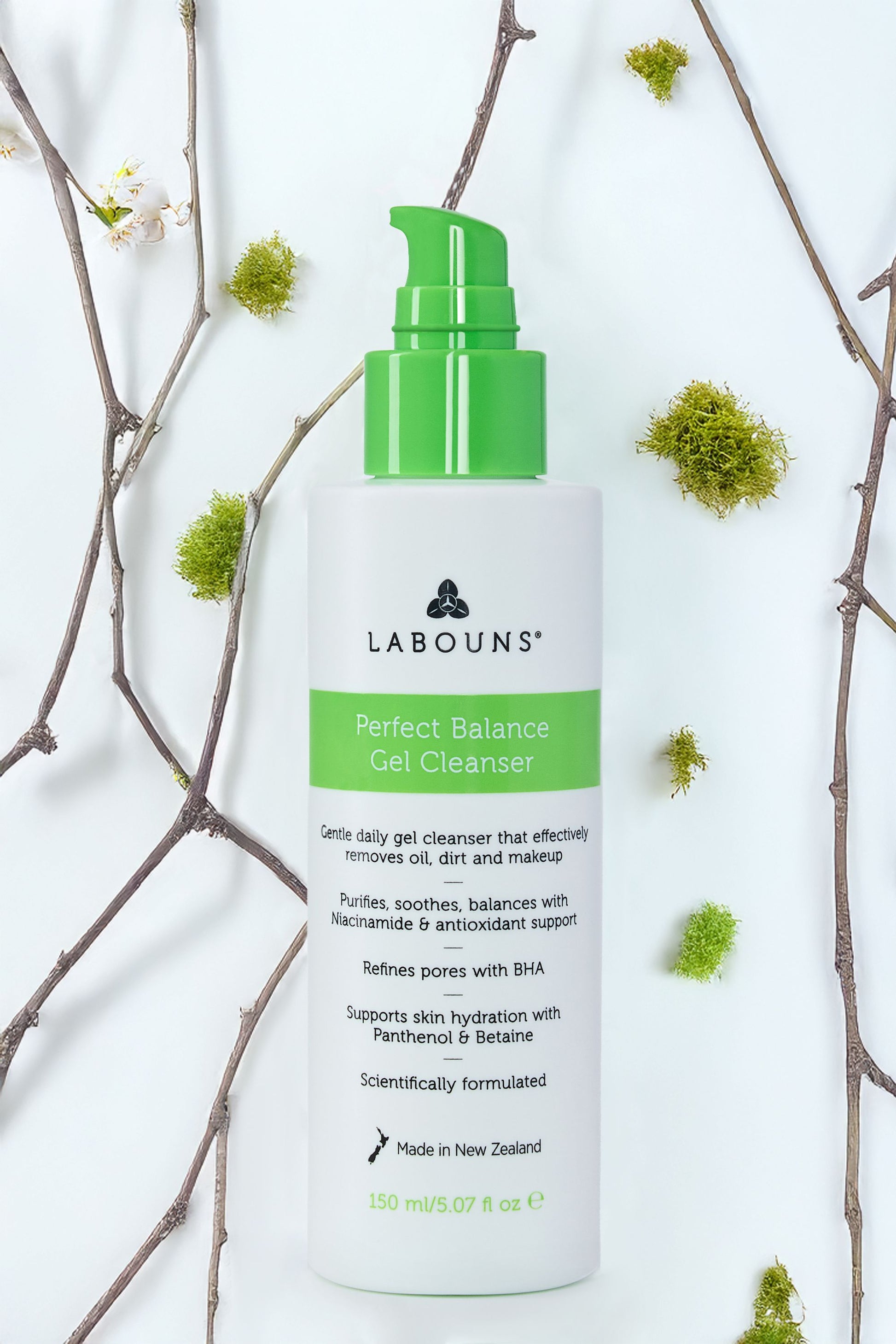 Labouns Perfect Balance Gel Cleanser bottle with green cap on a light background with decorative elements.