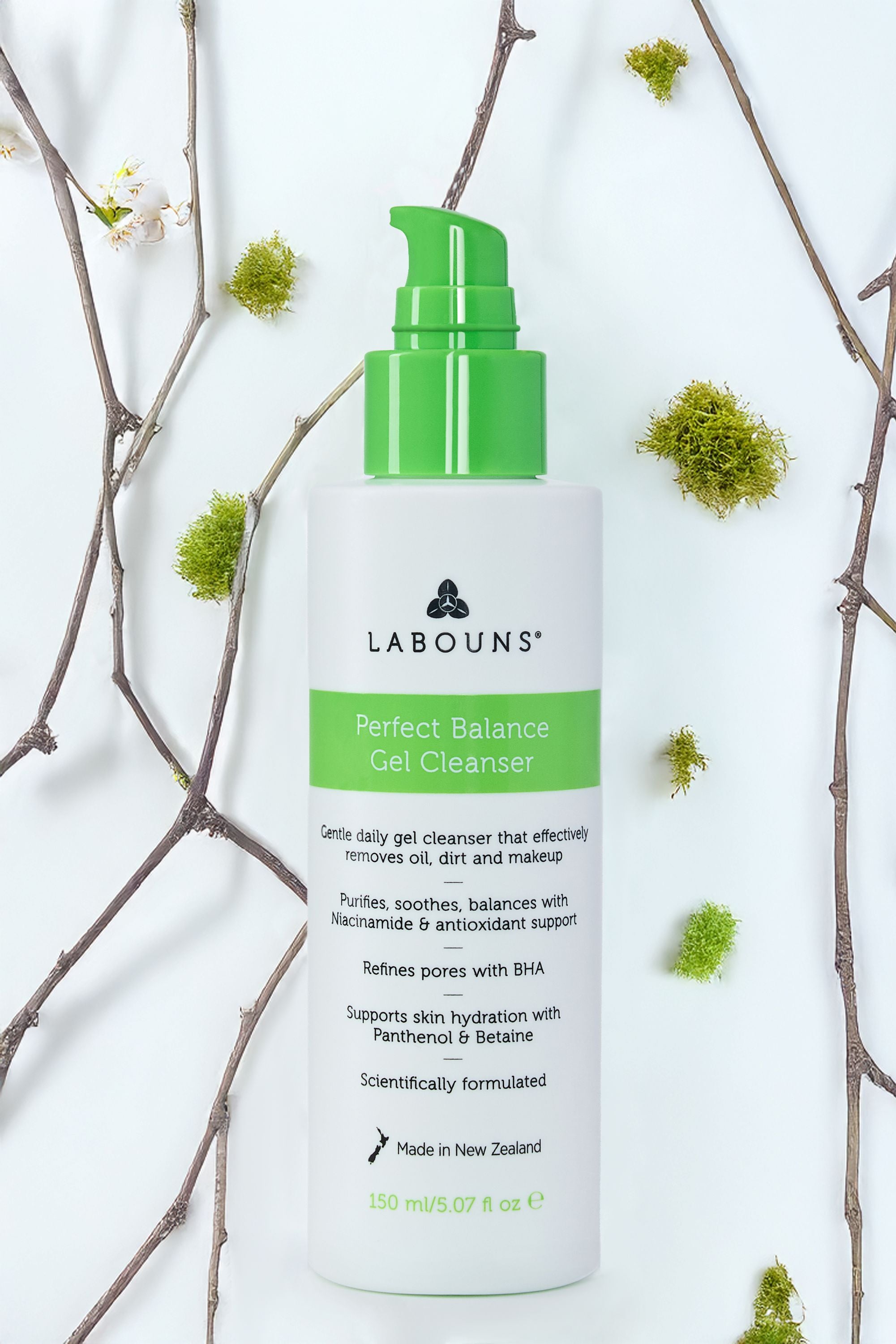 Labouns Perfect Balance Gel Cleanser bottle with green cap on a light background with decorative elements.